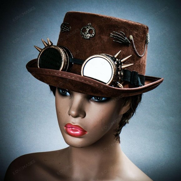 Brown Victoria Steampunk Spike Goggle Party Hat - Picture 8 of 8